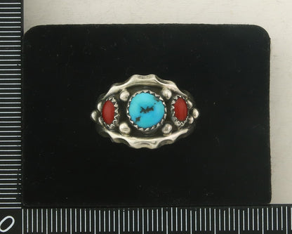 Navajo Ring 925 Sterling Natural Coral & Turquoise Signed SC C.80's Size 8.25