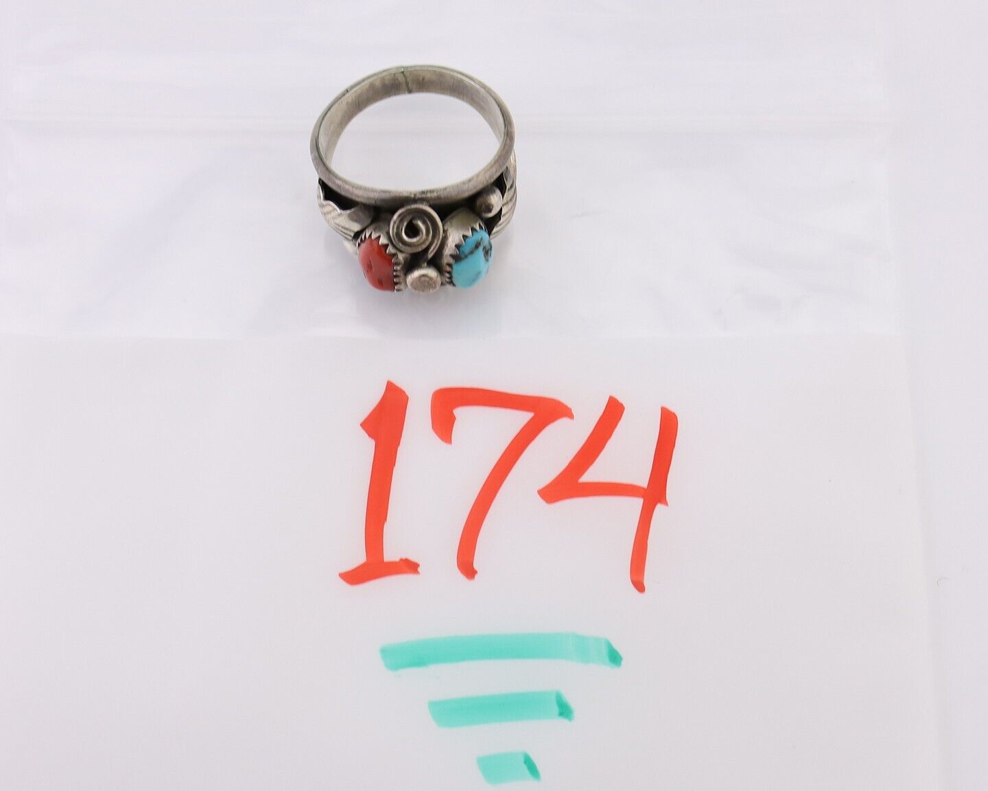 Navajo Ring 925 Silver Natural Coral Turquoise Natural American Artist C.80's