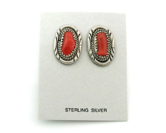 Navajo Dangle Earrings Sterling Silver Handmade Vintage Natural Coral