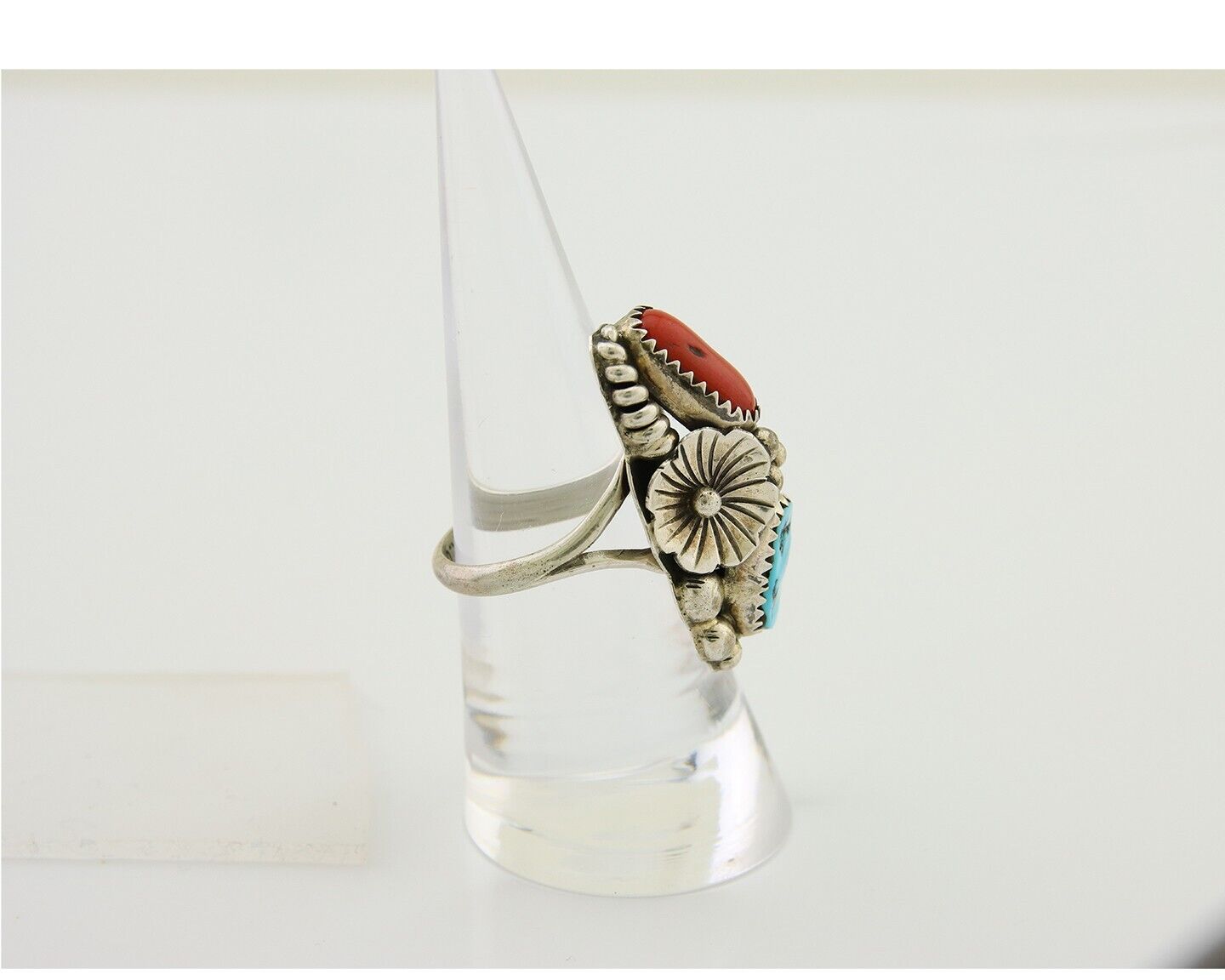 Navajo Handmade Ring 925 Silver Coral & Turquoise Signed Circle Max C.80's