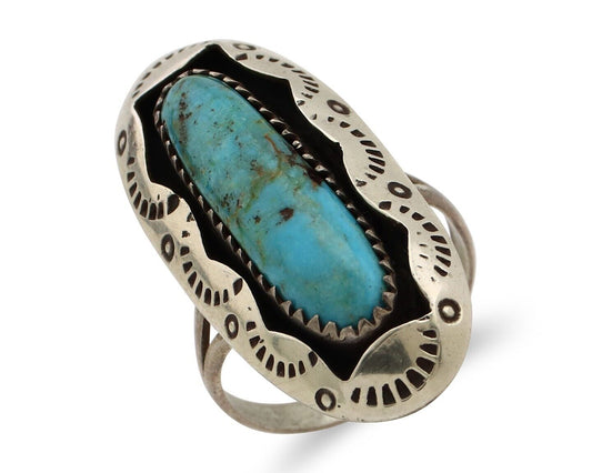 Navajo Ring 925 Silver Natural Kingman Turquoise Native American Artist C.80's