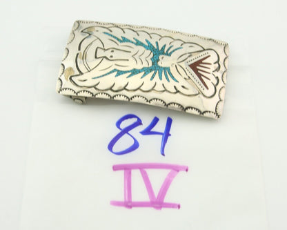 Vintage Navajo Belt Buckle 925 Sterling Silver Handmade Inlaid Gemstone Signed B