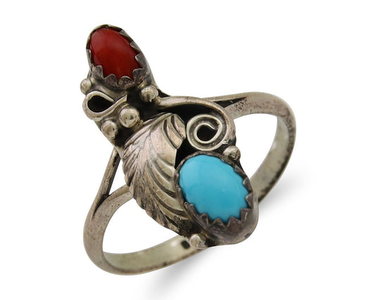 Navajo Handmade Ring 925 Silver Turquoise & Coral Native Artist C.80's