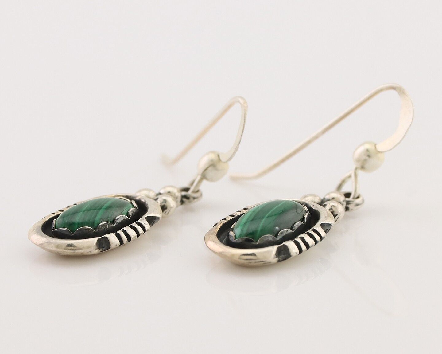 Navajo Dangle Earrings 925 Silver Natural Malachite Native American Artist C.80s