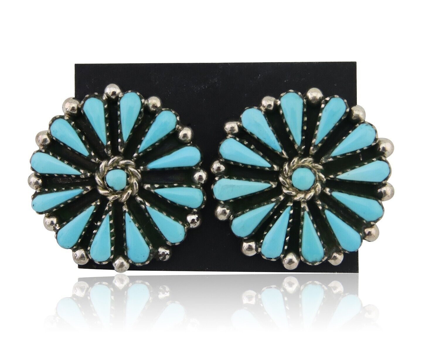 Navajo Petit Point Earrings 925 Silver Turquoise Signed Benson Yazzie C.80's