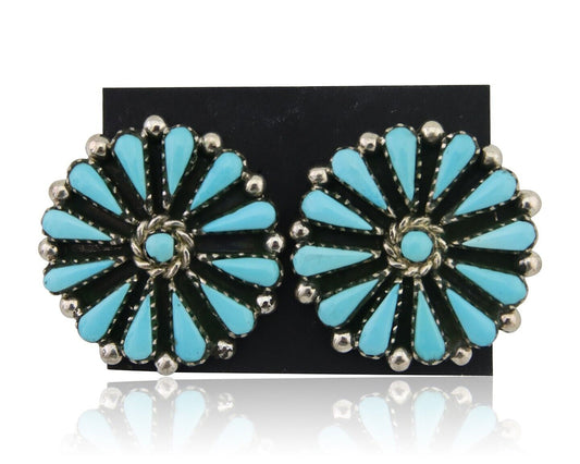 Navajo Petit Point Earrings 925 Silver Turquoise Signed Benson Yazzie C.80's