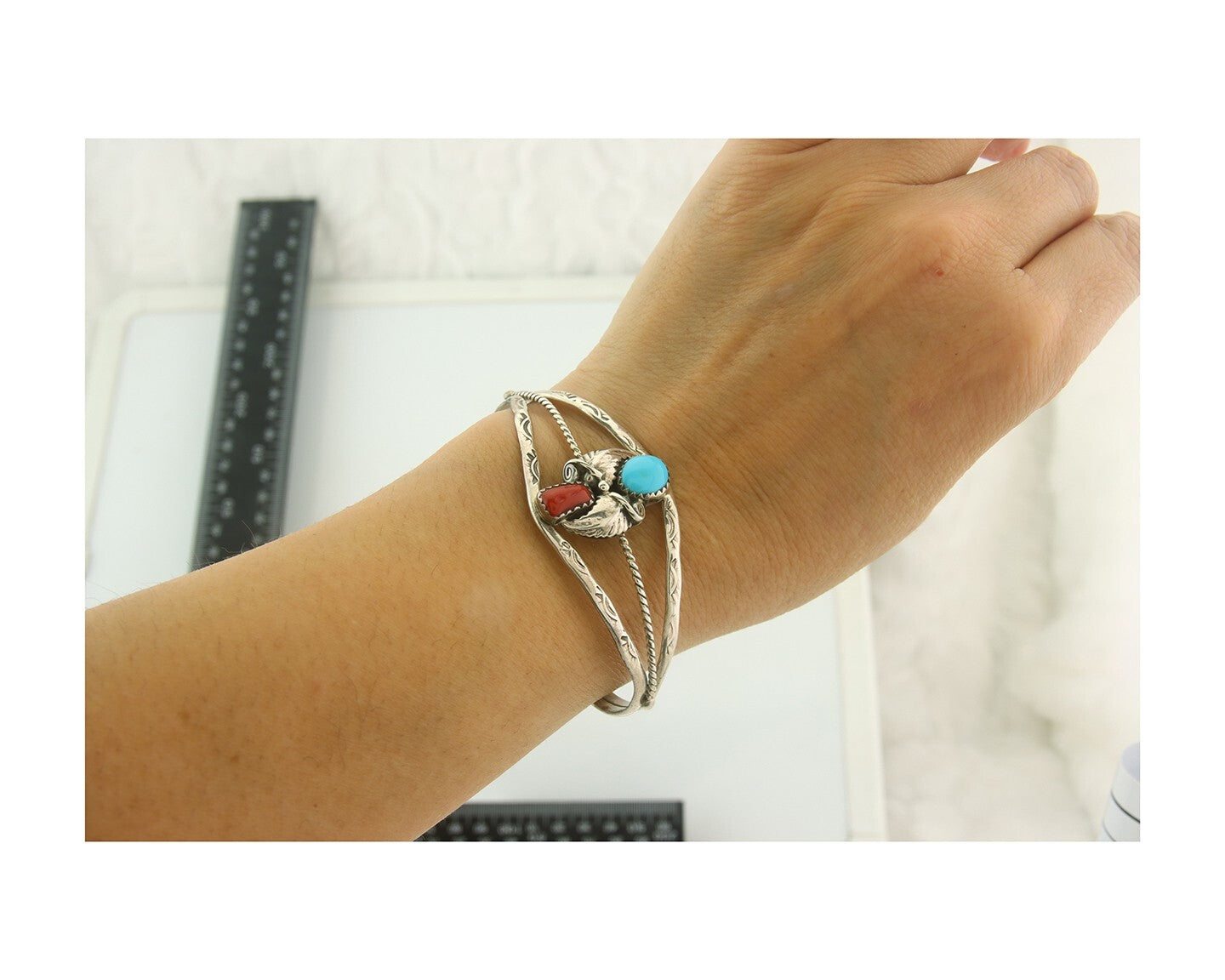 Navajo Bracelet 925 Silver Coral & Turquoise Cuff Signed Running Bear C.80's