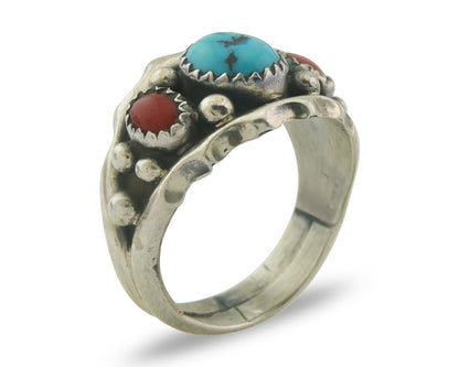 Navajo Ring 925 Sterling Natural Coral & Turquoise Signed SC C.80's Size 8.25