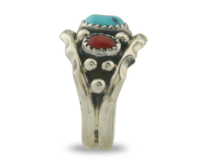 Navajo Ring 925 Sterling Natural Coral & Turquoise Signed SC C.80's Size 8.25