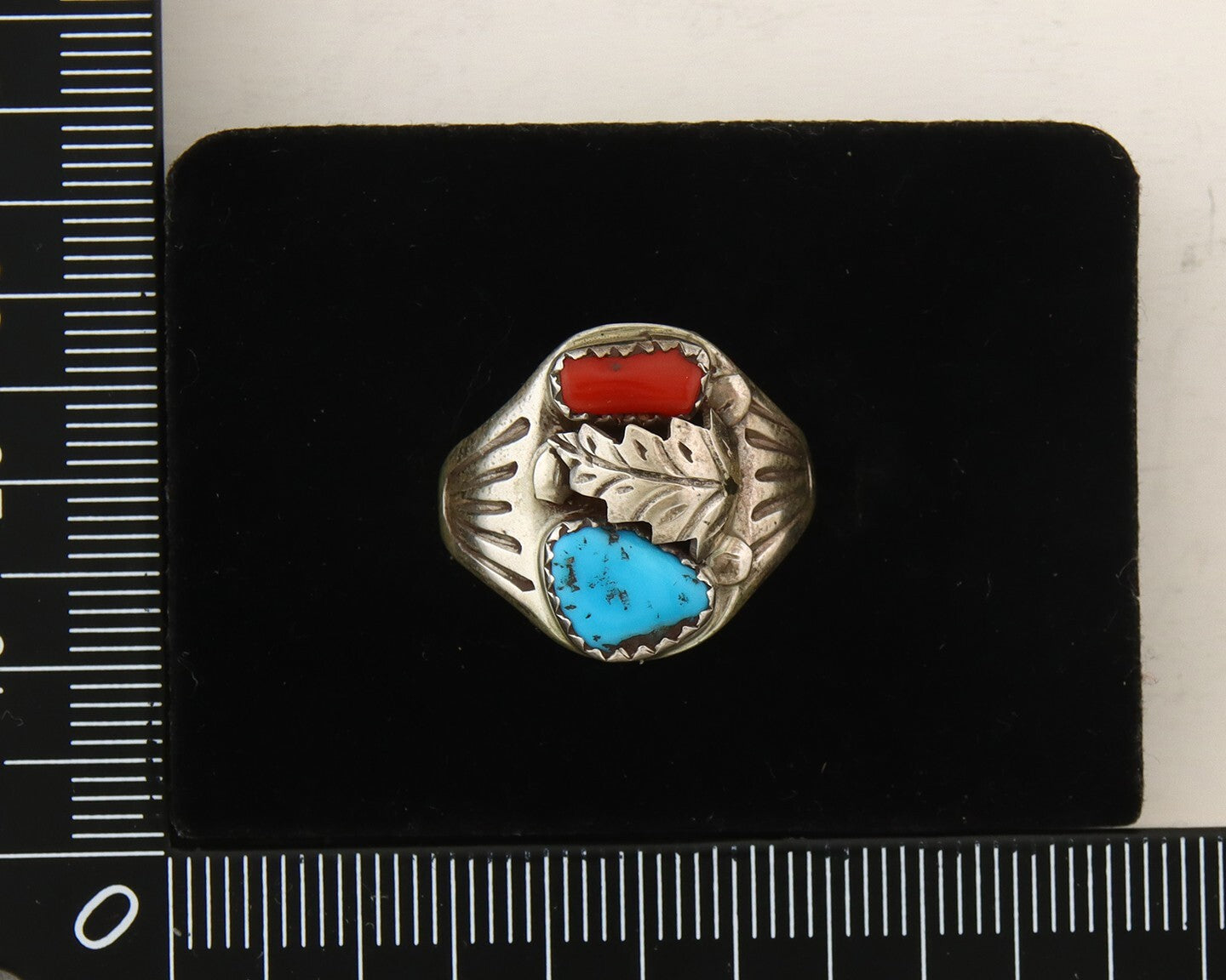 Navajo Ring 925 Sterling Turquoise & Coral Native Artist C.80's Size 7.5