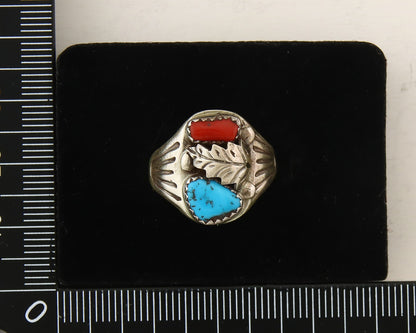 Navajo Ring 925 Sterling Turquoise & Coral Native Artist C.80's Size 7.5