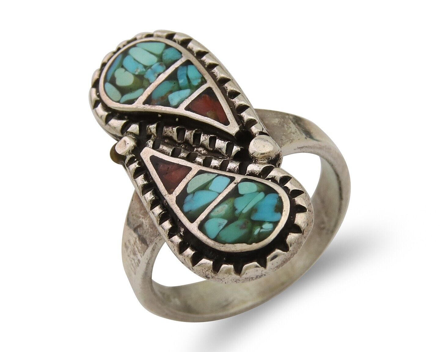 Navajo Ring 925 Silver Chip Inlay Turquoise & Coral Native Artist C.80's
