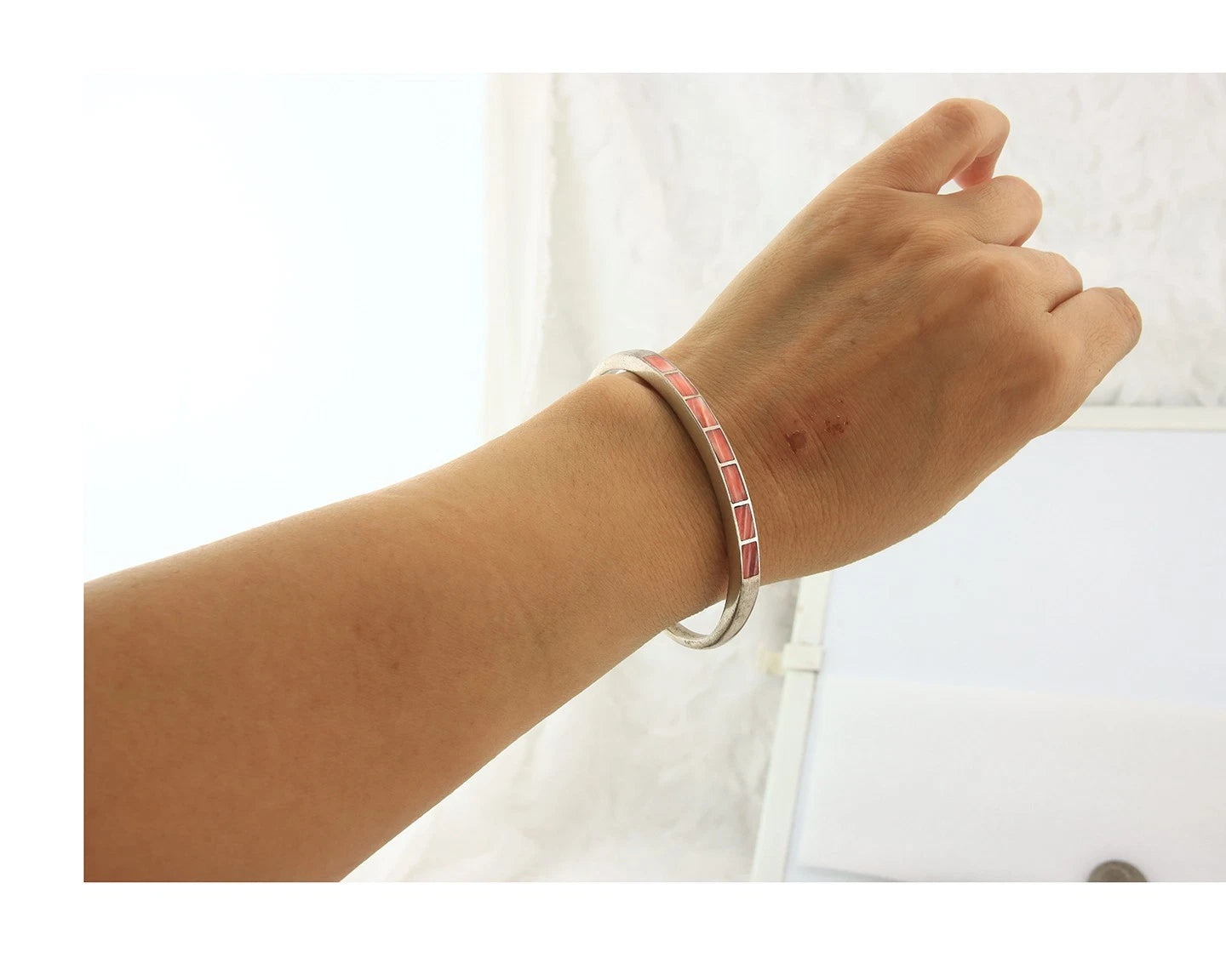 Navajo Cuff Bracelet Sterling Silver Natural Red Muscle Vintage Signed