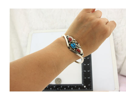 Navajo Cuff Bracelet Sterling Silver Natural Coral Turquoise Sign Justin Morris