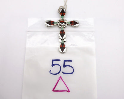 Zuni Cross Necklace 925 Silver Gemstone Artist Signed Zeno & Maryann Edaaki C80s