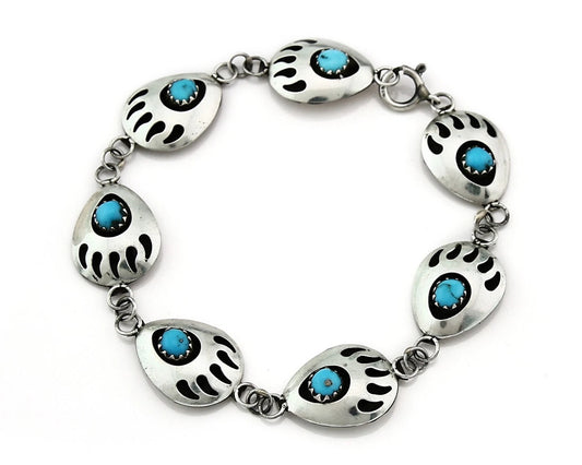Navajo Paw Link Bracelet Sterling Silver Vintage Native Artist C.80's 7.5 in