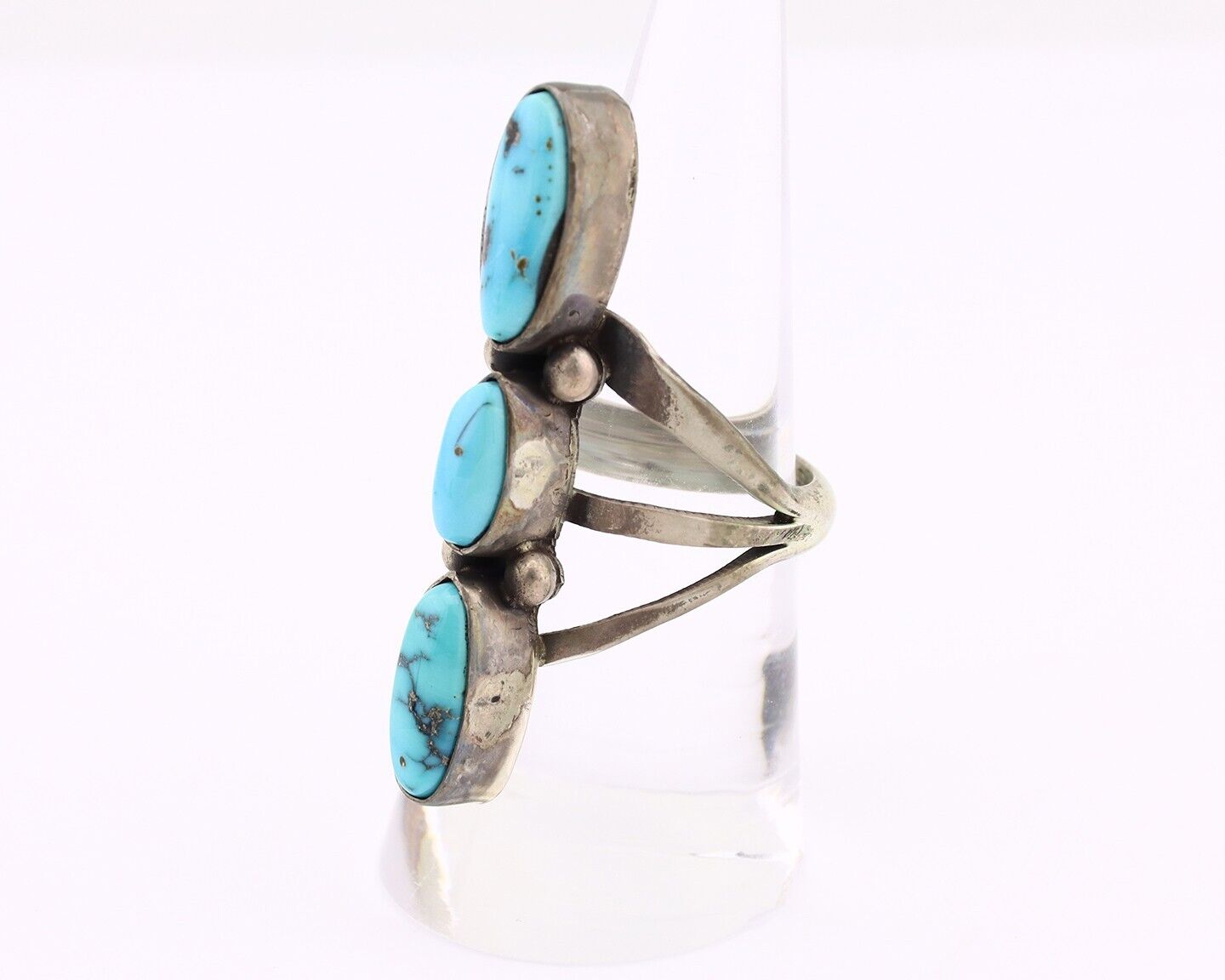Navajo 3 Stone Ring 925 Silver Blue Turquoise Native American Artist C.80's