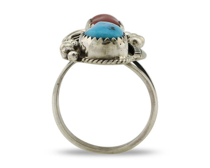 Navajo Ring .925 Silver Turquoise & Coral Artist Signed Justin Morris C.80's
