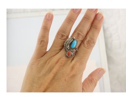 Navajo Ring 925 Sterling Natural Coral & Turquoise Signed EH C.80's Size 7.5