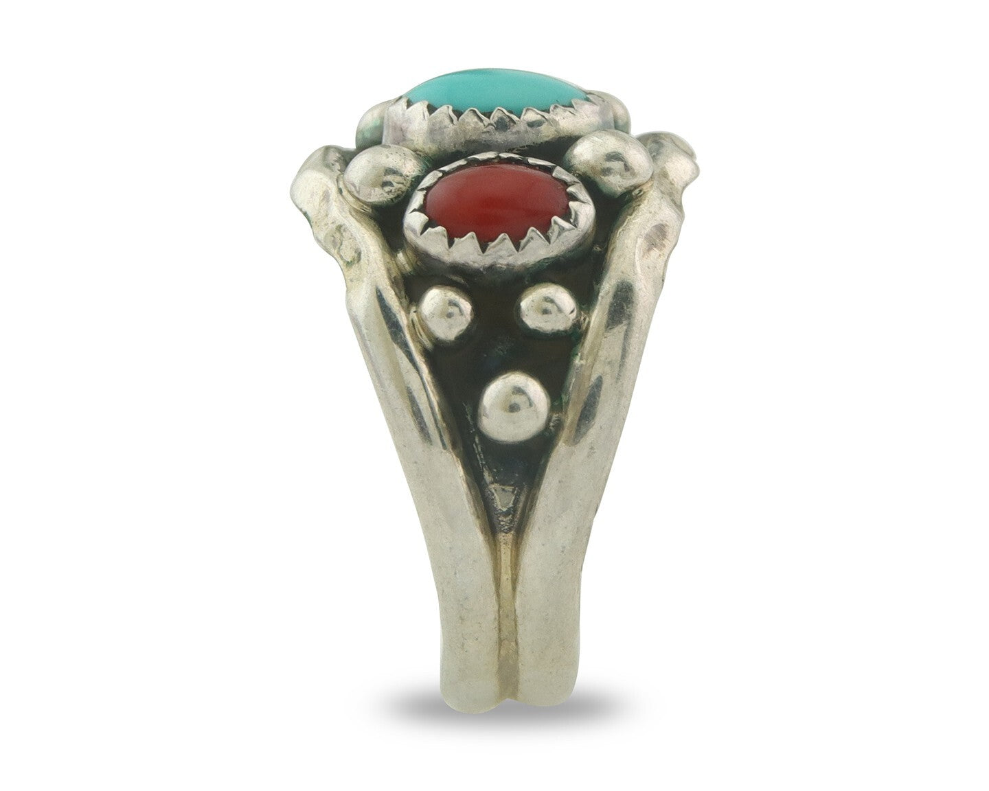 Men Navajo Ring 925 Sterling Natural Coral & Turquoise Signed R C.80's Size 9.0