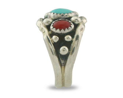 Men Navajo Ring 925 Sterling Natural Coral & Turquoise Signed R C.80's Size 9.0