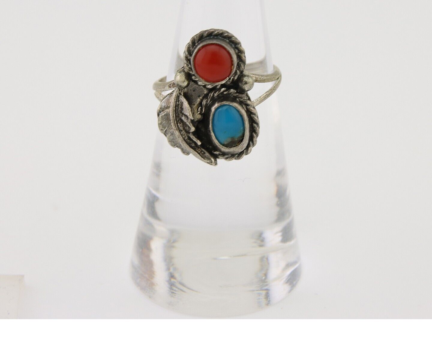 Navajo Handmade Ring 925 Silver Coral & Turquoise Native Artist C.80's