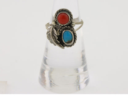 Navajo Handmade Ring 925 Silver Coral & Turquoise Native Artist C.80's