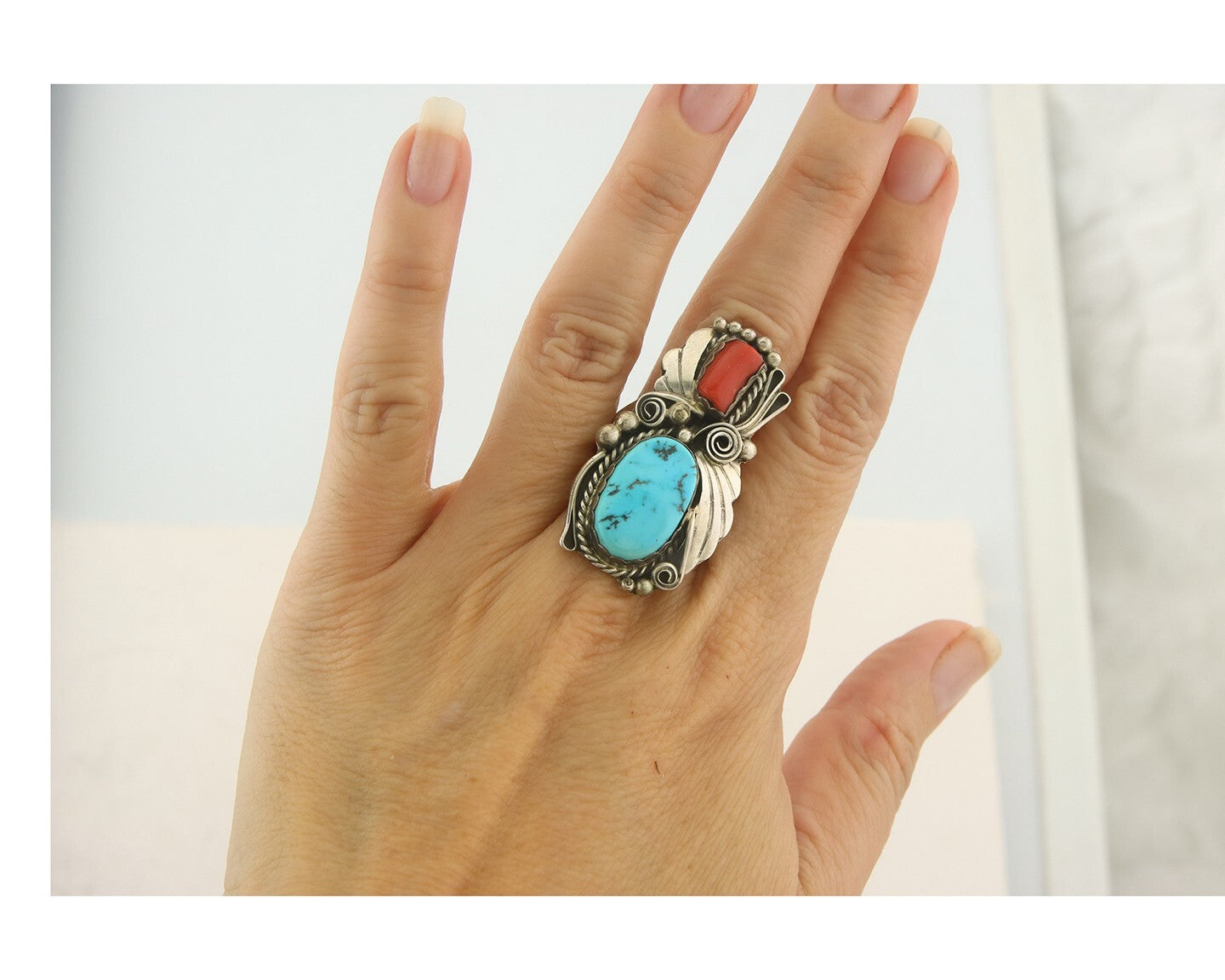 Navajo Ring 925 Sterling Natural Coral & Turquoise Signed JM C.80's Size 9.0