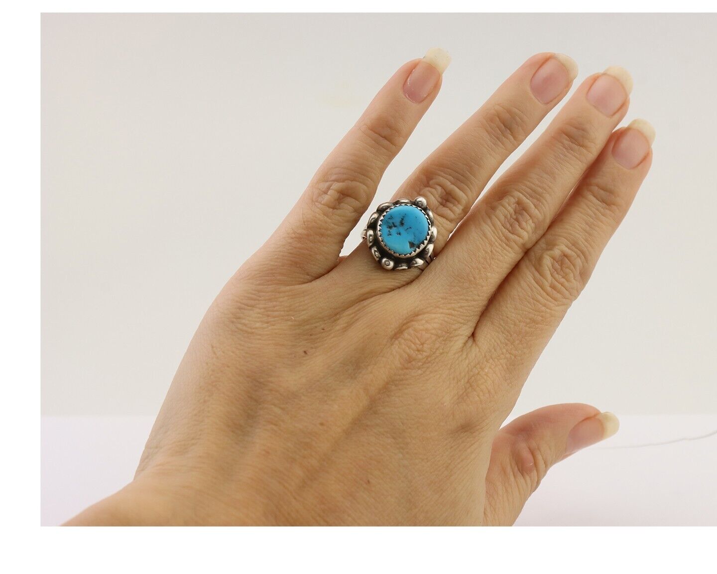 Navajo Ring 925 Silver Sleeping Beauty Turquoise Artist Signed SC C.80's