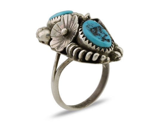 Navajo Ring 925 Silver Sleeping Beauty Turquoise Signed Max Calabaza C.80's