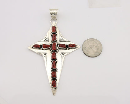 Large Navajo Cross Pendant 925 Silver Mediterranean Coral Artist Signed RD C.80s
