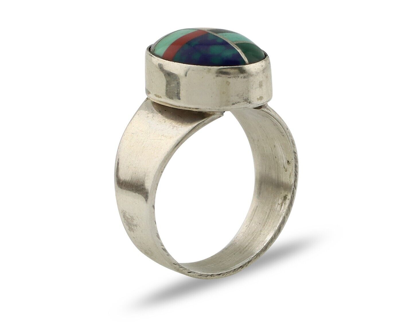 Zuni Inlaid Ring 925 Silver Mixed Natural Gemstones Native American Artist C.80s