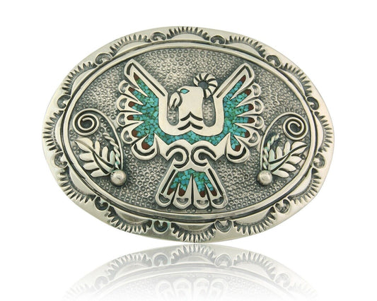 Vintage Navajo Belt Buckle 925 Sterling Silver Inlaid Gemstone Stanely Bain