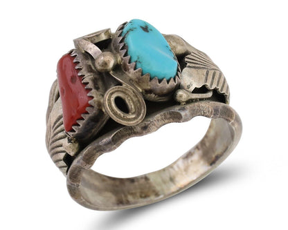 Navajo Ring 925 Silver Coral Turquoise Artist Signed Max Calabaza C.80's