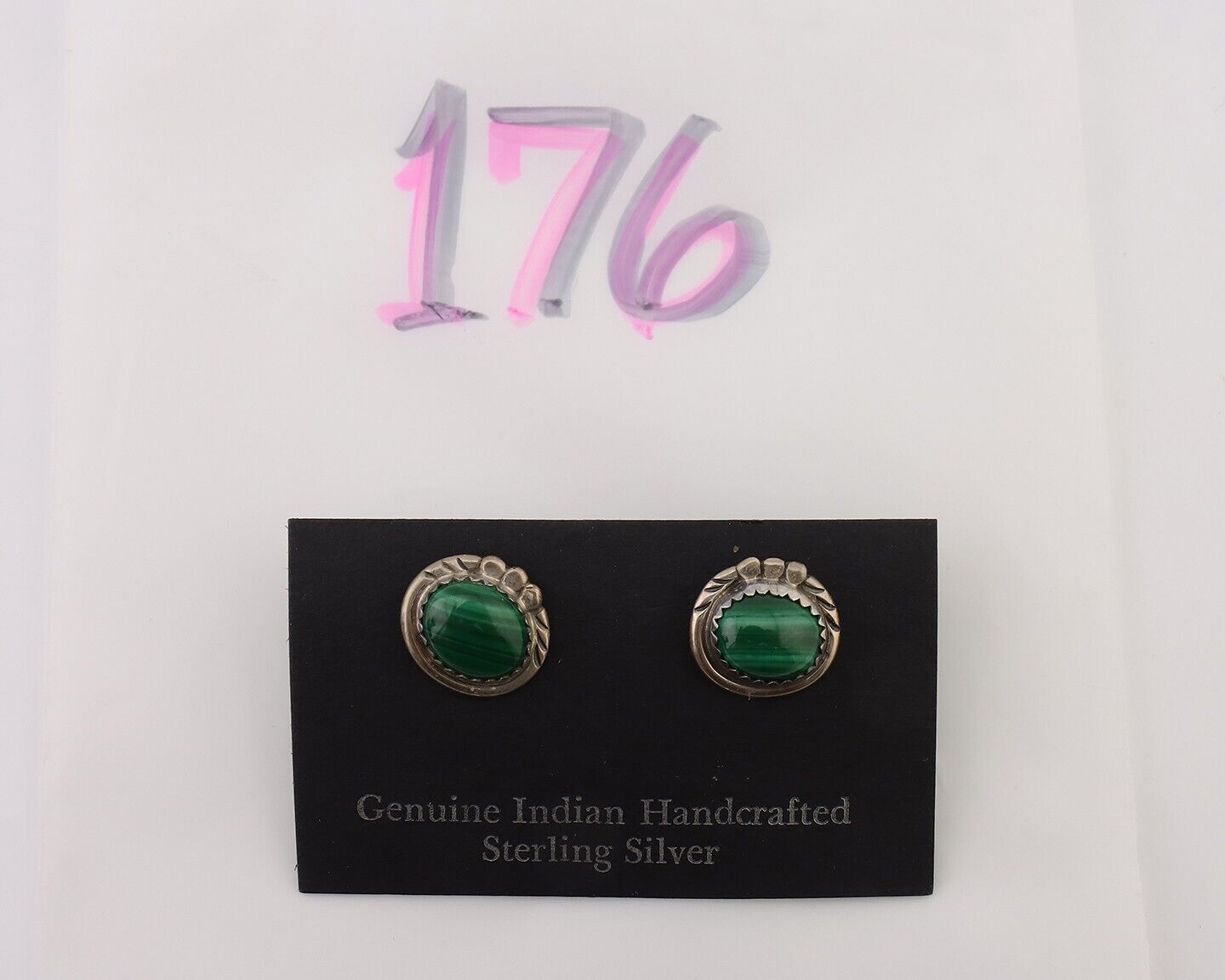 Navajo Earrings 925 Silver Natural Malachite Native American Artist C.80's