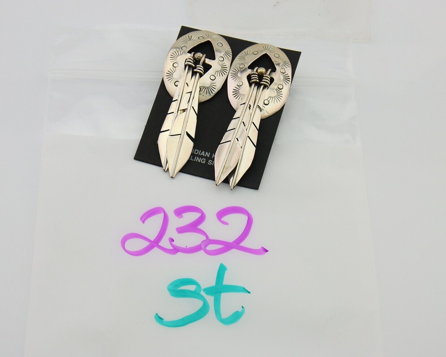 Navajo Feather Earrings 925 Silver Dangle Artist Signed DISHTA C.80's