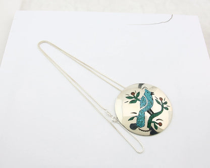 Navajo Blue Jay Necklace Sterling Silver Natural Green Gemstones Signed JS