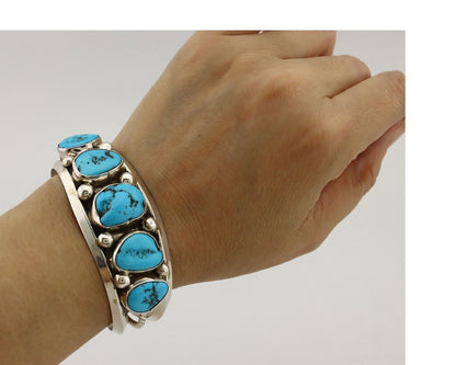 Navajo Bracelet 925 Silver Nugget Sleeping Beauty Turquoise Artist Signed JR C80