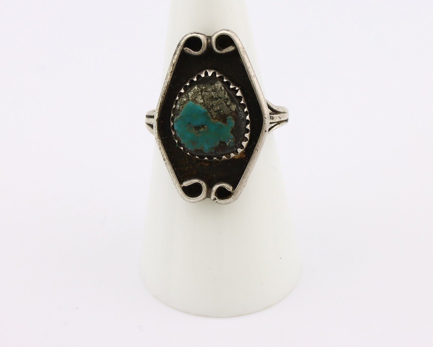 Navajo Ring 925 Silver Blue Turquoise & Pyrite Native American Artist C.80's