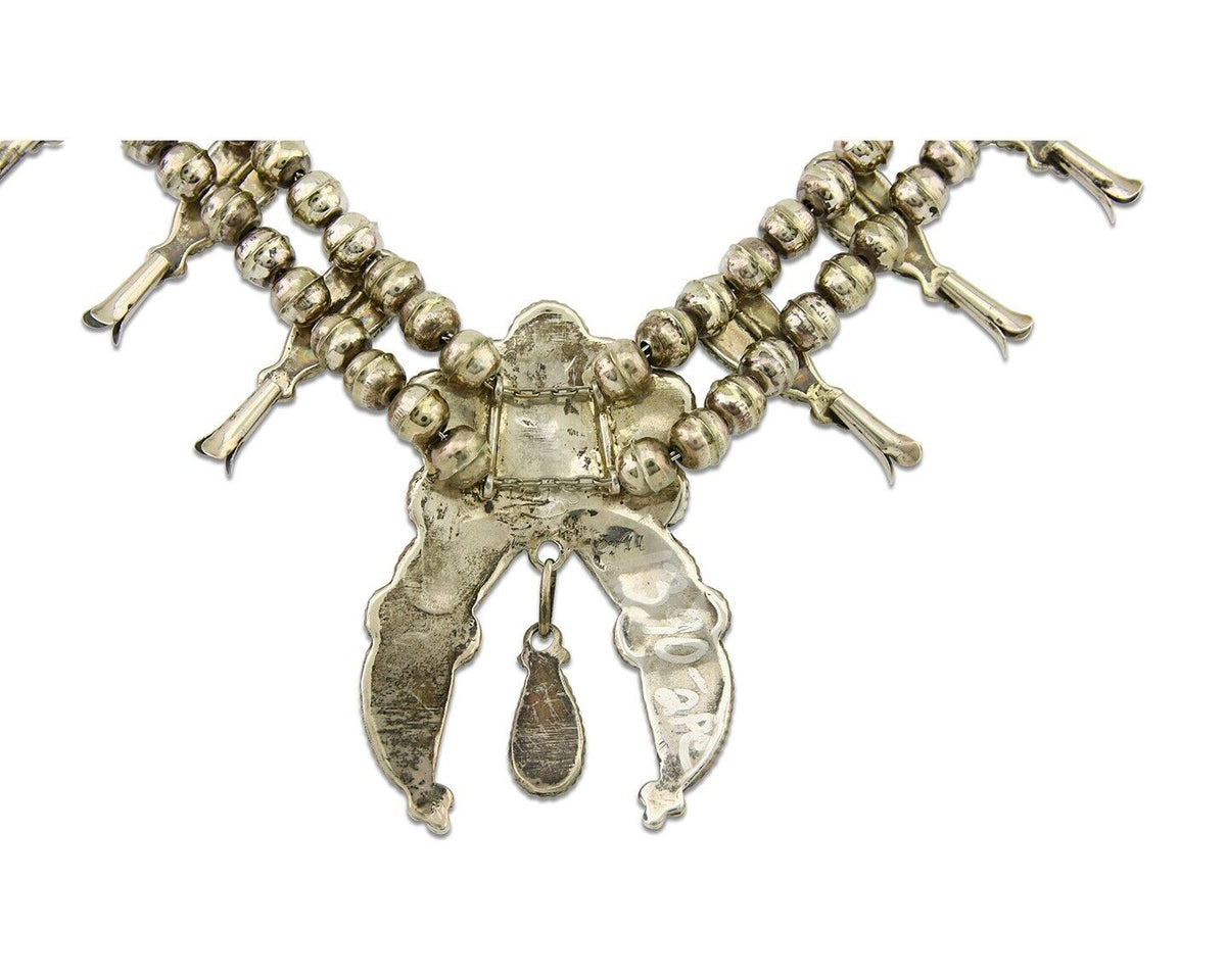 Zuni Squash Necklace 925 Silver Earring Set Turquiose Handmade Signed SM C.80's