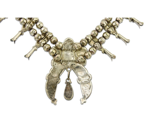 Zuni Squash Necklace 925 Silver Earring Set Turquiose Handmade Signed SM C.80's