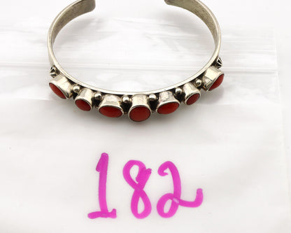 Navajo Bracelet .925 Silver Natural Red Coral Artist Signed Circle JW C.1980's