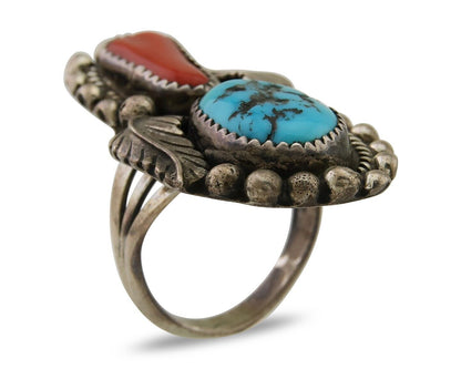 Navajo Ring 925 Sterling Silver Natural Coral & Turquoise Signed SC C.80's