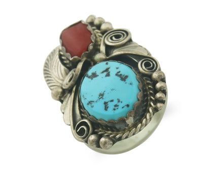 Navajo Ring 925 Sterling Natural Coral & Turquoise Signed JM C.80's Size 9.0