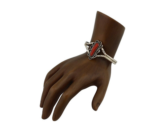 Navajo Bracelet 925 Silver Natural Red Coral Artist Signed L Begay C.80's