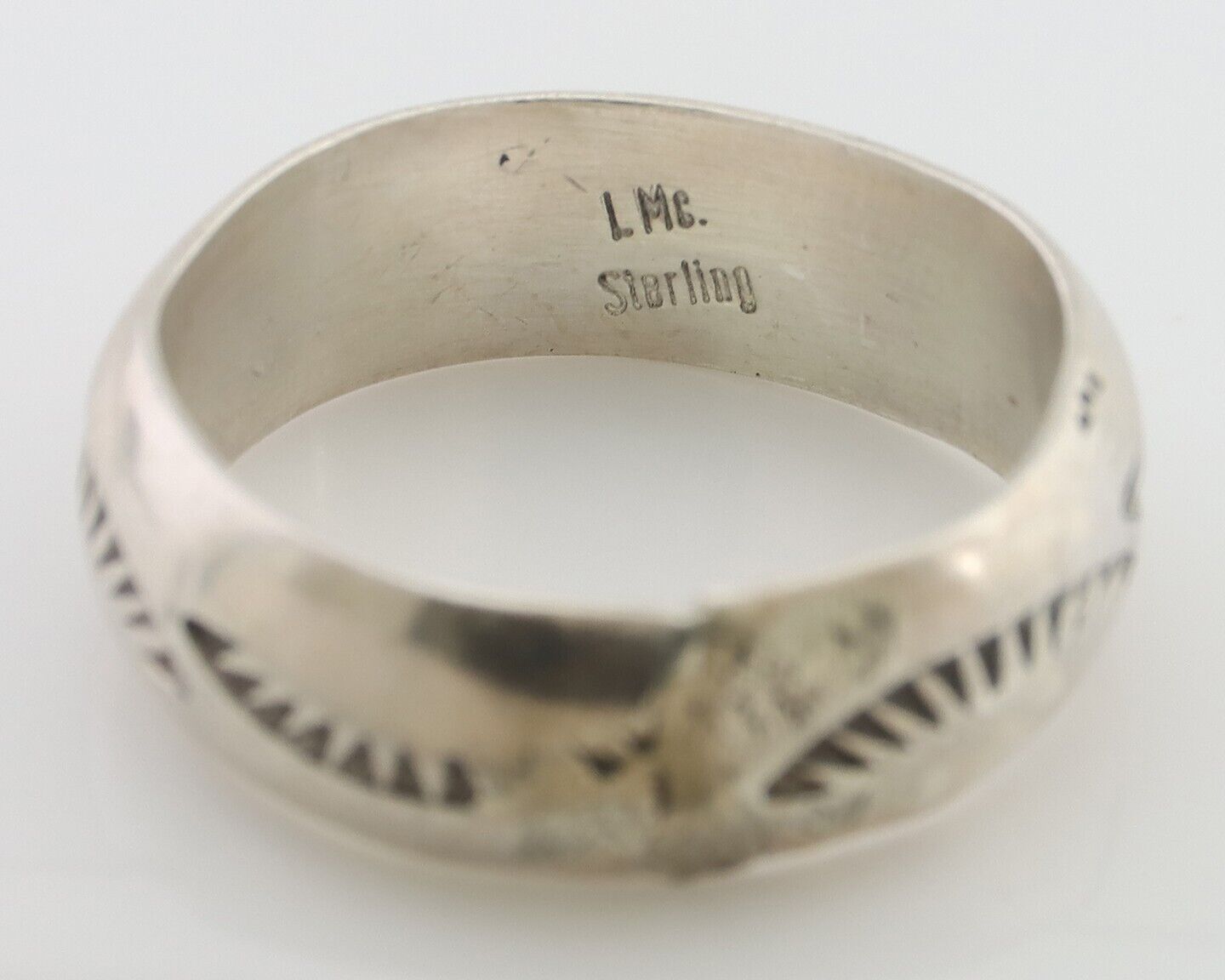 Navajo Hand Stamped Band 925 Silver 6.0 mm Signed Larry Chavez Size 6.5 C.80's