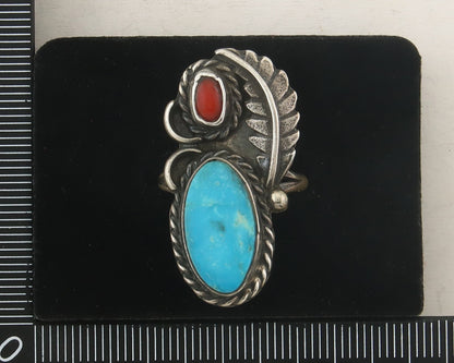 Navajo Ring 925 Sterling Natural Coral & Turquoise Native Artist C.80's Sz 7.25