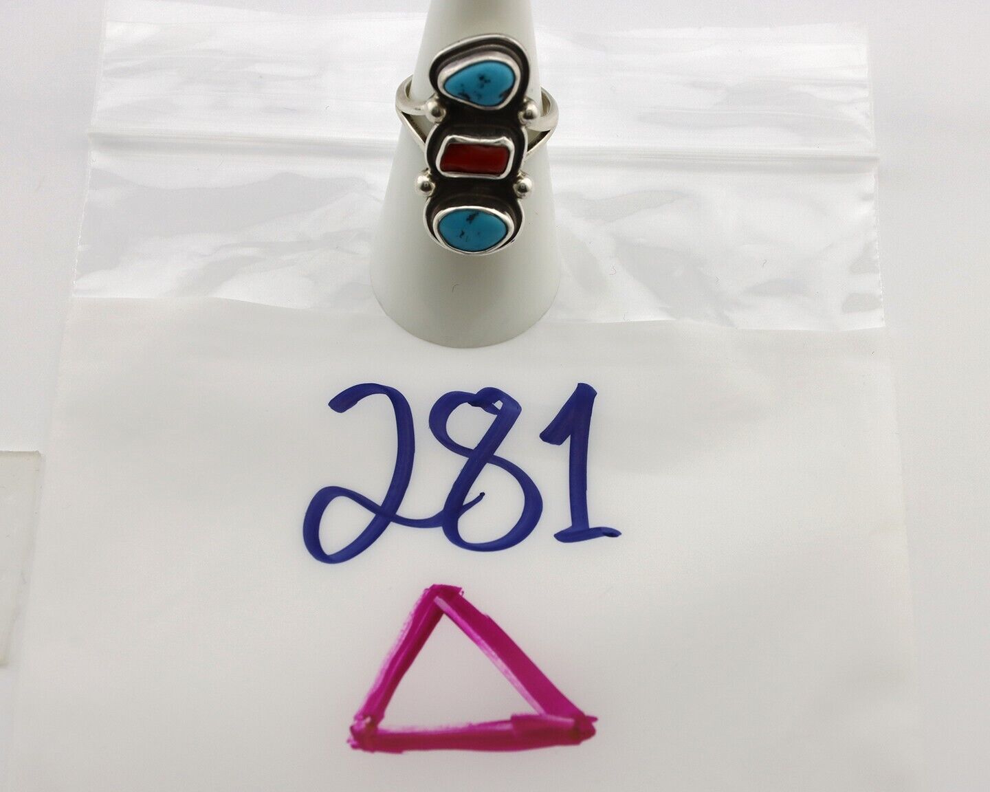 Navajo Ring 925 Silver Sleeping B Turquoise & Coral Native American Artist C.80s