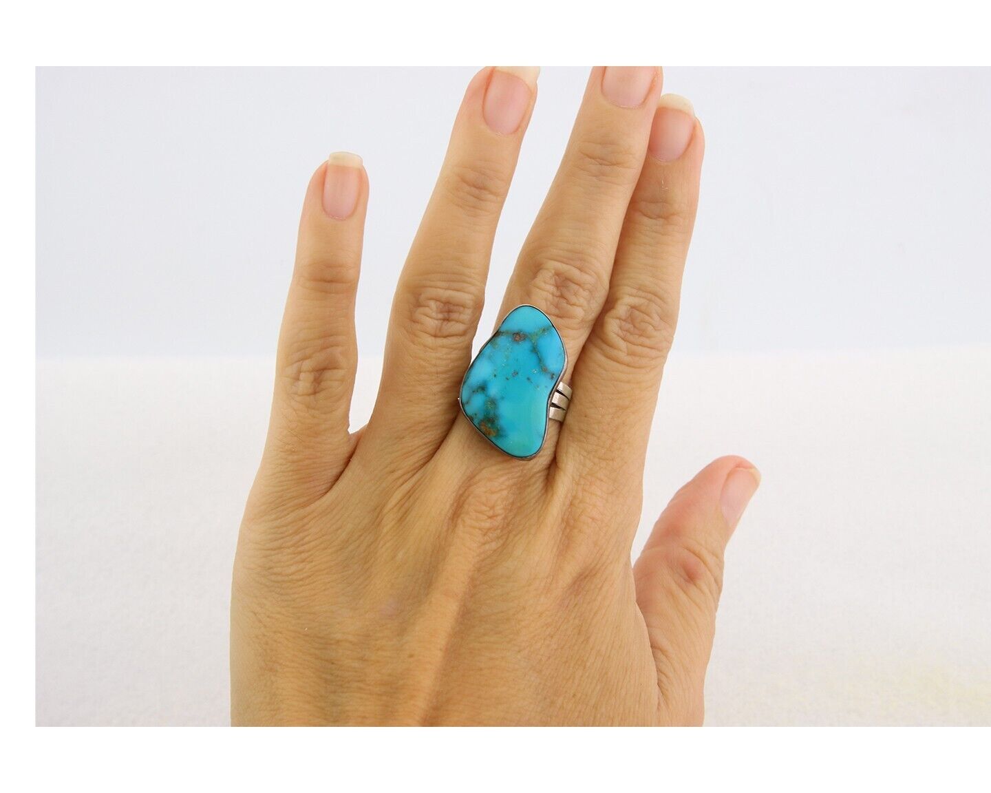 Navajo Ring 925 Sterling Natural Blue Turquoise Native Artist C.80's Size 7.25