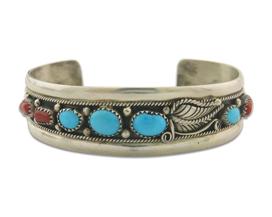 Navajo Bracelet 925 Silver Coral & Turquoise Cuff Signed E C.80's